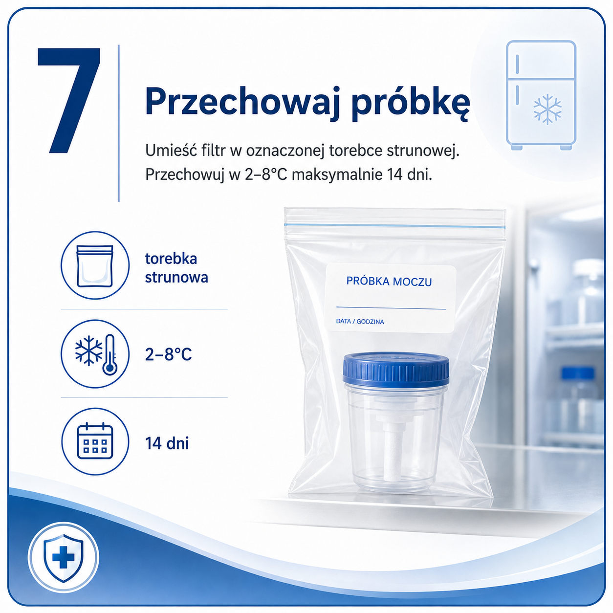 Uromonitor – krok 7: Przechowuj próbkę w 2–8°C
