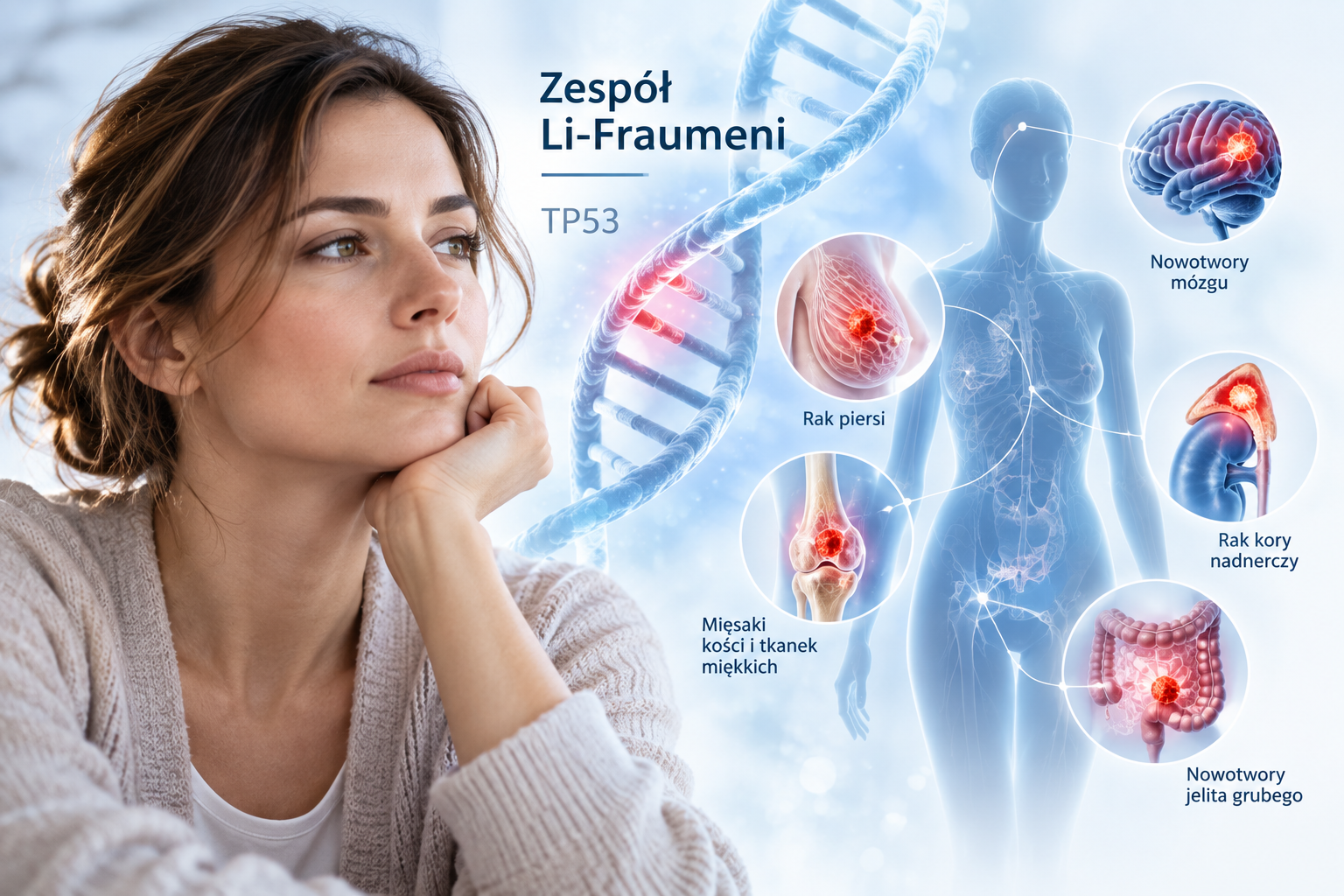 TP53 jest jednym z najważniejszych genów supresorowych człowieka. Wyjaśniamy, czym jest zespół Li-Fraumeni, jakie nowotwory wiążą się z germinalnym TP53, dlaczego wynik z krwi może wymagać potwierdzenia oraz co wiadomo o TP53 w populacji polskiej.