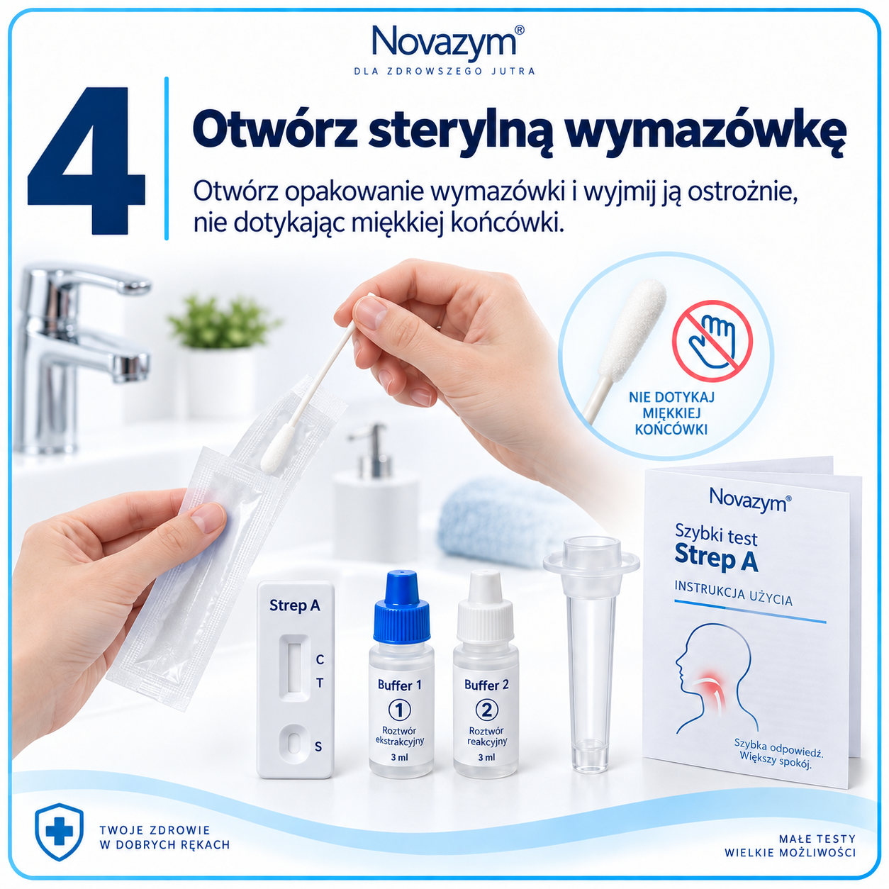 Strep A krok 4 – otwórz sterylną wymazówkę