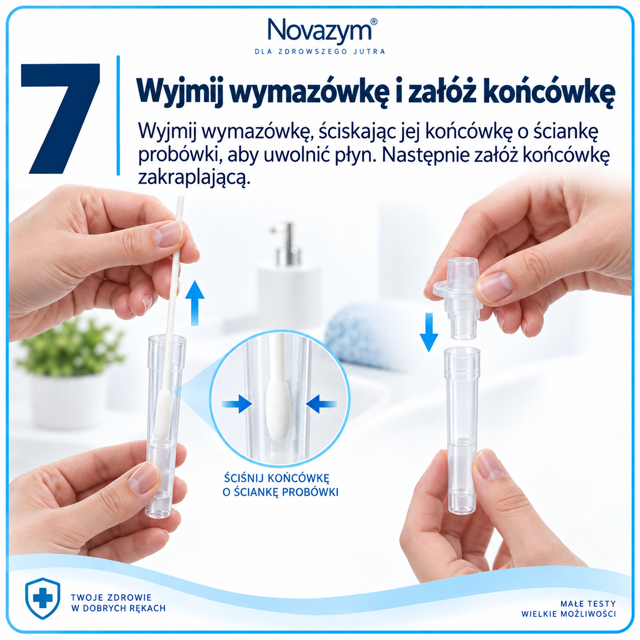Strep A krok 7 – wyjmij wymazówkę i załóż końcówkę
